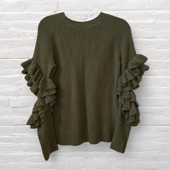 ⭐️ BP Nordstrom Olive Army Green Ruffle Open Elbow Crewneck Sweater SMALL - Picture 4 of 10